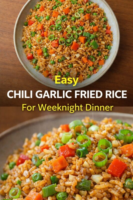 chili-garlic-fried-rice-2 A vertical recipe graphic for an Easy Chili Garlic Fried Rice. The top image shows the weeknight dinner dish in a bowl, while the bottom is a close-up of the colorful rice and vegetables. A banner reads "Easy CHILI GARLIC FRIED RICE For Weeknight Dinner."