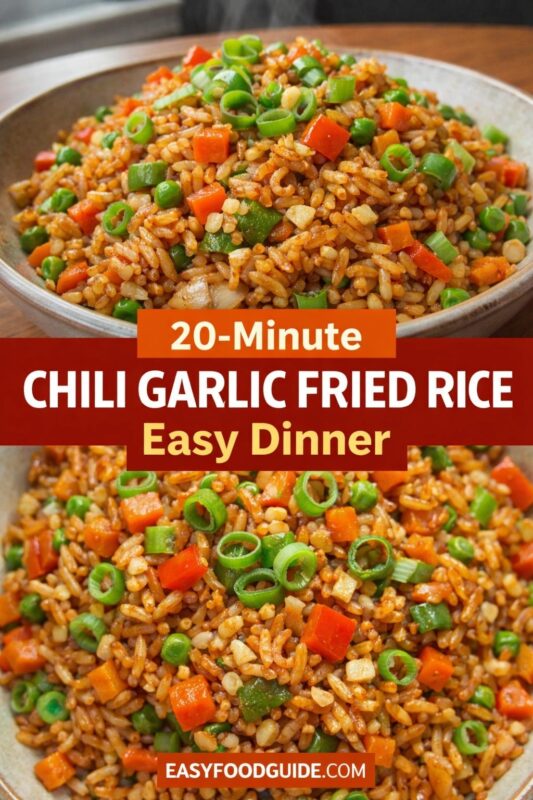 chili-garlic-fried-rice-3 A vertical recipe graphic for a 20-Minute Chili Garlic Fried Rice easy dinner. The top image shows the quick meal in a bowl, while the bottom is a close-up of the savory rice and vegetable mix. A banner reads "20-Minute CHILI GARLIC FRIED RICE Easy Dinner."