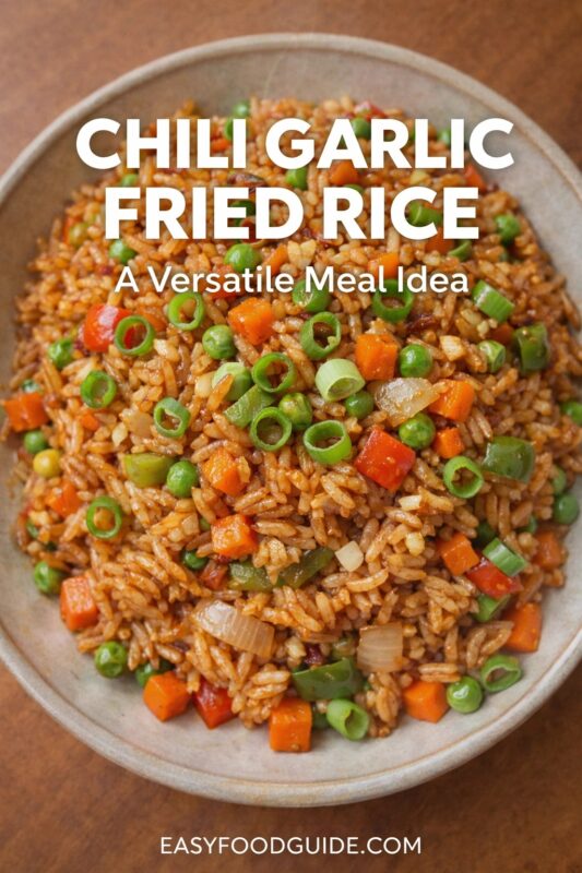 chili-garlic-fried-rice-4 A bowl of chili garlic fried rice, presented as a versatile meal idea. The savory dish is mixed with peas, carrots, and onions, then topped with sliced green onions. Text reads "CHILI GARLIC FRIED RICE A Versatile Meal Idea," and the website "EASYFOODGUIDE.COM" is at the bottom.