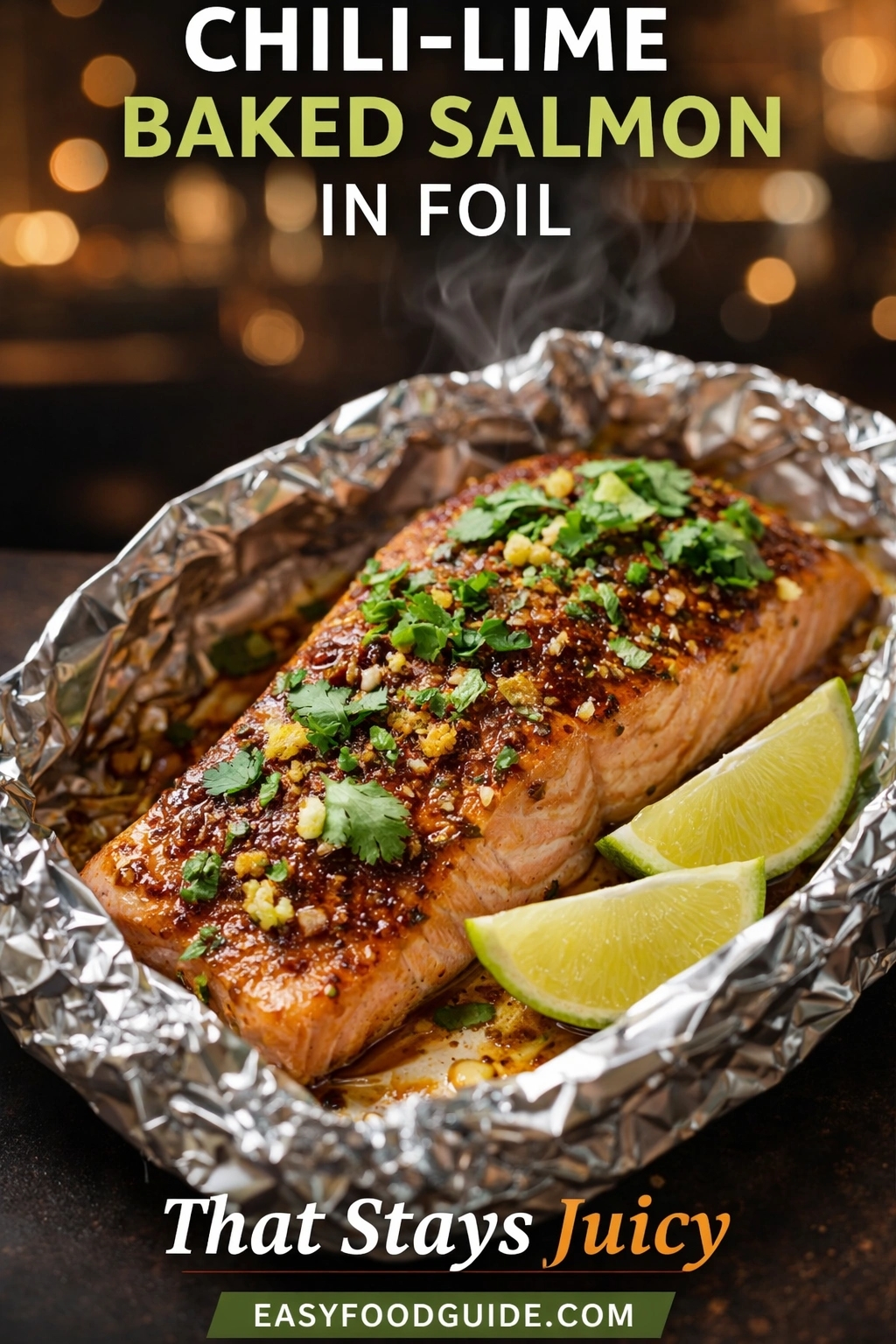 A chili-lime baked salmon in foil, a juicy dinner option presented on a dark surface. The steaming fillet is garnished with fresh cilantro and lime wedges inside the crinkled aluminum packet. Text reads "CHILI-LIME BAKED SALMON IN FOIL That Stays Juicy," and the website "EASYFOODGUIDE.COM" is at the bottom.