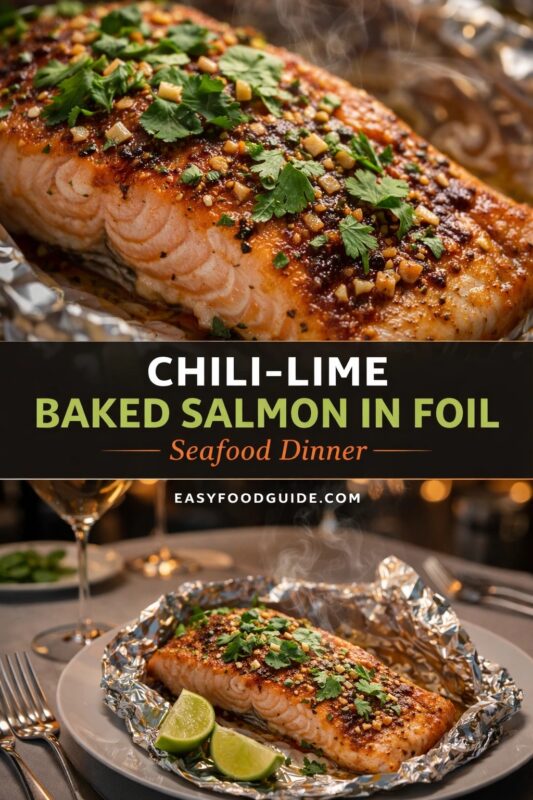 A vertical recipe graphic for a Chili-Lime Baked Salmon in Foil. The top image is a close-up of the seasoned seafood dinner, while the bottom shows it served on a plate with lime wedges. A banner reads "CHILI-LIME BAKED SALMON IN FOIL — Seafood Dinner —."