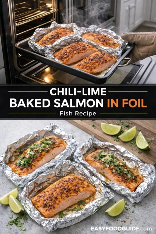 A vertical recipe graphic for a Chili-Lime Baked Salmon in Foil. The top image shows the fish recipe being removed from the oven, while the bottom displays the finished salmon fillets on a cutting board with lime wedges. A banner reads "CHILI-LIME BAKED SALMON IN FOIL — Fish Recipe —."