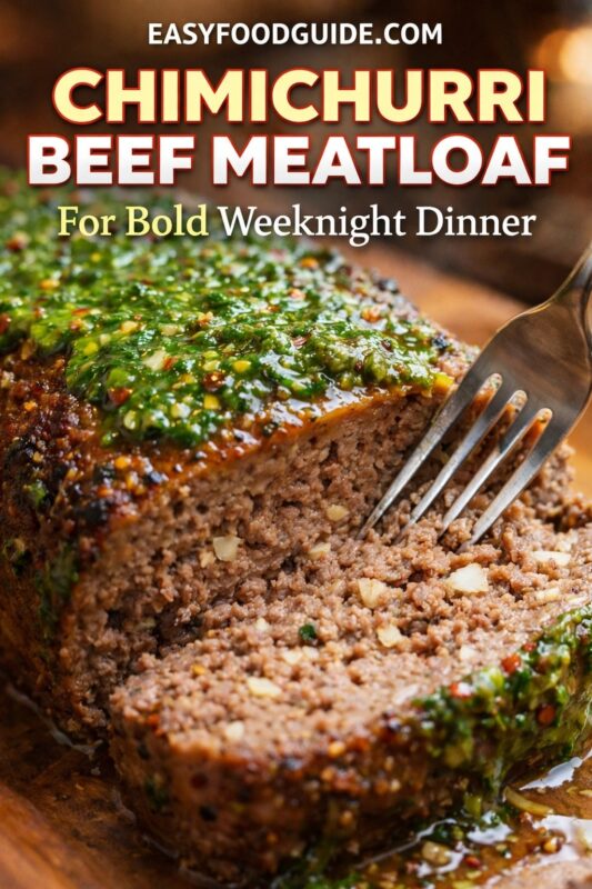 A chimichurri beef meatloaf for a bold weeknight dinner, shown sliced on a wooden surface. A fork is breaking into the tender loaf, which is topped with a fresh, green herb sauce. Text reads "CHIMICHURRI BEEF MEATLOAF For Bold Weeknight Dinner," and the website "EASYFOODGUIDE.COM" is at the top.