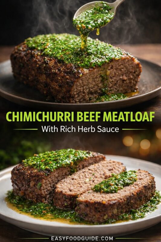 A vertical recipe graphic for a Chimichurri Beef Meatloaf with rich herb sauce. The top image shows the glazed loaf being sauced, while the bottom displays the sliced meatloaf on a plate. A banner reads "CHIMICHURRI BEEF MEATLOAF — With Rich Herb Sauce —."