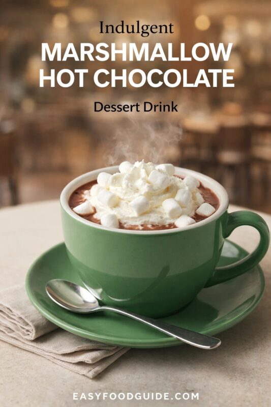 chocolate-marshmallow-hot-chocolate-3 An indulgent marshmallow hot chocolate dessert drink, served in a green mug with whipped cream and marshmallows. The steaming cup sits on a saucer in a cozy cafe setting. Text reads "Indulgent MARSHMALLOW HOT CHOCOLATE Dessert Drink," and the website "EASYFOODGUIDE.COM" is at the bottom.