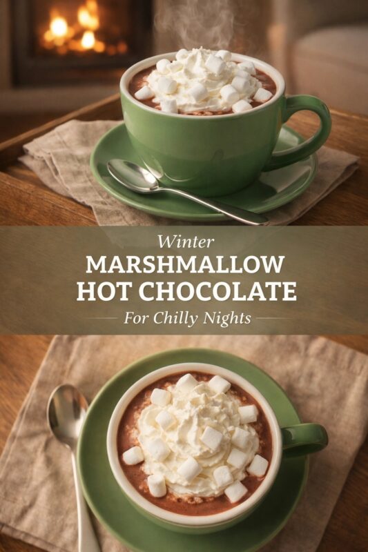 chocolate-marshmallow-hot-chocolate-4 A vertical recipe graphic for Winter Marshmallow Hot Chocolate. The top image shows a green mug of the drink by a fireplace, while the bottom is an overhead view. A banner reads "Winter MARSHMALLOW HOT CHOCOLATE For Chilly Nights."