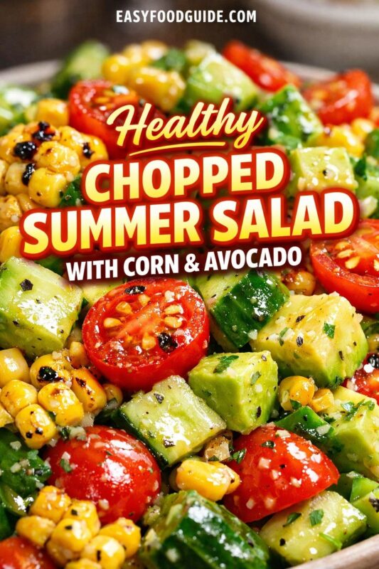 A close-up view of a healthy chopped summer salad with corn and avocado. The vibrant dish is a mix of grilled corn, diced tomatoes, cucumber, and avocado, all tossed in a light dressing. Text reads "Healthy CHOPPED SUMMER SALAD WITH CORN & AVOCADO," and the website "EASYFOODGUIDE.COM" is at the top.