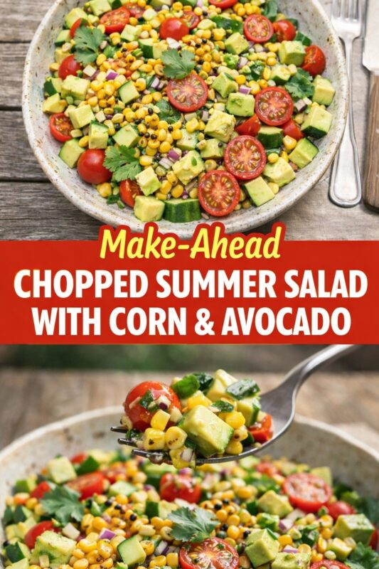 A vertical recipe graphic for a Make-Ahead Chopped Summer Salad with Corn & Avocado. The top image shows the full bowl of colorful salad on a wooden table, while the bottom is a close-up of a forkful of the fresh ingredients. A banner reads "Make-Ahead CHOPPED SUMMER SALAD WITH CORN & AVOCADO."