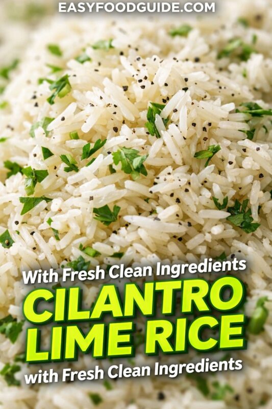 A close-up of fluffy cilantro lime rice, made with fresh clean ingredients. The white rice is speckled with chopped green cilantro and black pepper. Text reads "With Fresh Clean Ingredients CILANTRO LIME RICE," and the website "EASYFOODGUIDE.COM" is at the top.