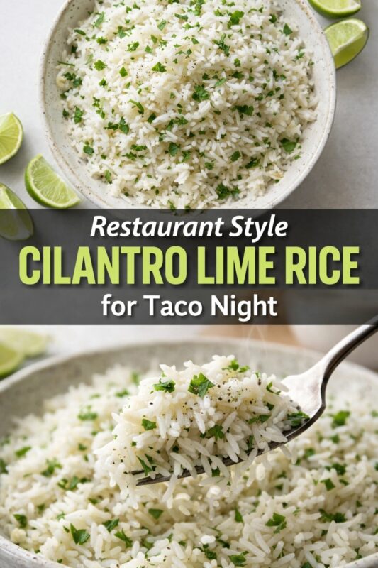 A vertical recipe graphic for a Restaurant Style Cilantro Lime Rice, perfect for Taco Night. The top image shows the finished rice in a bowl with lime wedges, while the bottom is a close-up of a forkful of the fluffy, herb-flecked grains. A banner reads "Restaurant Style CILANTRO LIME RICE for Taco Night."