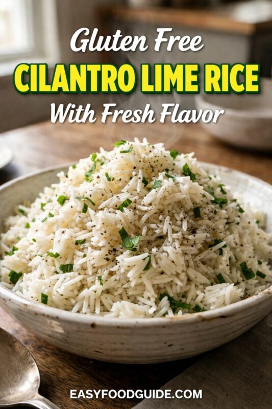 A gluten-free cilantro lime rice with fresh flavor, served in a rustic ceramic bowl. The fluffy white rice is garnished with chopped cilantro and black pepper on a wooden table. Text reads "Gluten Free CILANTRO LIME RICE With Fresh Flavor," and the website "EASYFOODGUIDE.COM" is at the bottom.