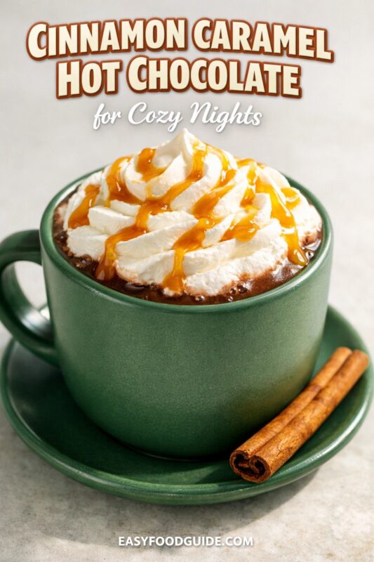 A cup of cinnamon caramel hot chocolate for cozy nights, served in a green mug on a matching saucer. The drink is topped with whipped cream, caramel drizzle, and accompanied by cinnamon sticks. Text reads "CINNAMON CARAMEL HOT CHOCOLATE for Cozy Nights," and the website "EASYFOODGUIDE.COM" is at the bottom.