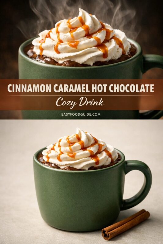 A vertical recipe graphic for Cinnamon Caramel Hot Chocolate. The top and bottom images show the cozy drink in a green mug, topped with whipped cream and caramel drizzle. A banner reads "CINNAMON CARAMEL HOT CHOCOLATE Cozy Drink."