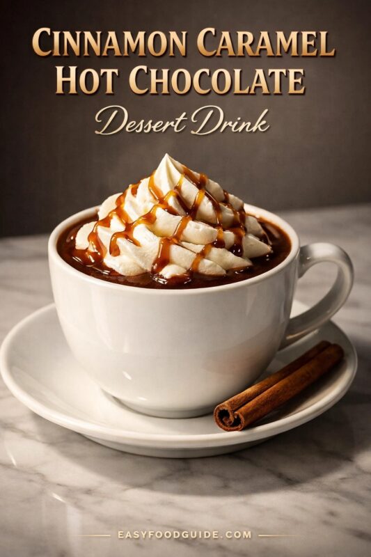 A dessert drink of cinnamon caramel hot chocolate, served in a white cup and saucer on a marble surface. The steaming beverage is topped with whipped cream and caramel, with cinnamon sticks on the side. Text reads "CINNAMON CARAMEL HOT CHOCOLATE Dessert Drink," and the website "EASYFOODGUIDE.COM" is at the bottom.