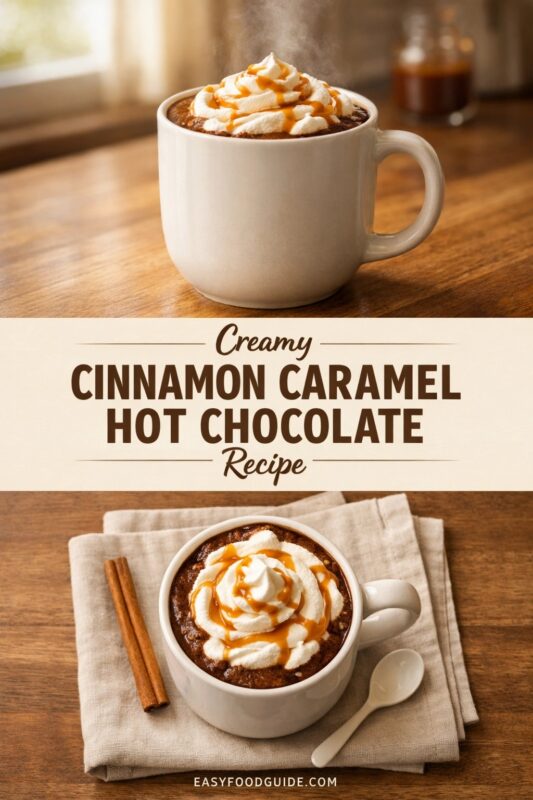 A vertical recipe graphic for a Creamy Cinnamon Caramel Hot Chocolate. The top and bottom images show the steaming drink in a white mug, garnished with whipped cream and caramel on a wooden table. A banner reads "Creamy CINNAMON CARAMEL HOT CHOCOLATE Recipe."