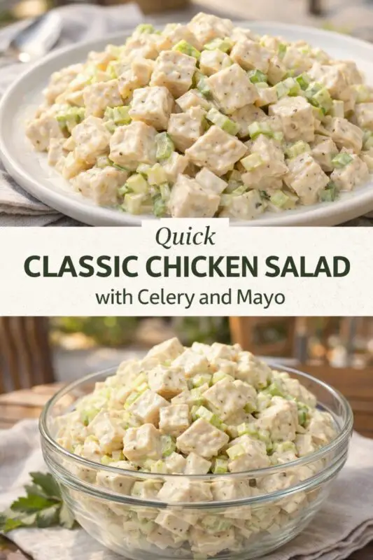 A vertical recipe graphic for Quick Classic Chicken Salad. The top image is a close-up of diced chicken and celery in a creamy dressing on a white plate. A banner reads "Quick CLASSIC CHICKEN SALAD with Celery and Mayo." The bottom shows the salad served in a clear glass bowl on a cloth napkin.