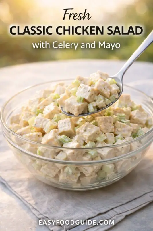 A glass bowl of fresh classic chicken salad with celery and mayo, served on a linen napkin outdoors. A spoon lifts a portion of the creamy, diced chicken salad. Text reads "Fresh CLASSIC CHICKEN SALAD with Celery and Mayo," and the website "EASYFOODGUIDE.COM" is at the bottom.
