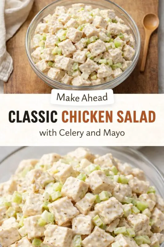 A vertical recipe graphic for Make Ahead Classic Chicken Salad. The top image shows a glass bowl of the salad with chicken, celery, and mayo on a wooden board. A banner reads "Make Ahead CLASSIC CHICKEN SALAD with Celery and Mayo." The bottom is a close-up of the creamy mixture.