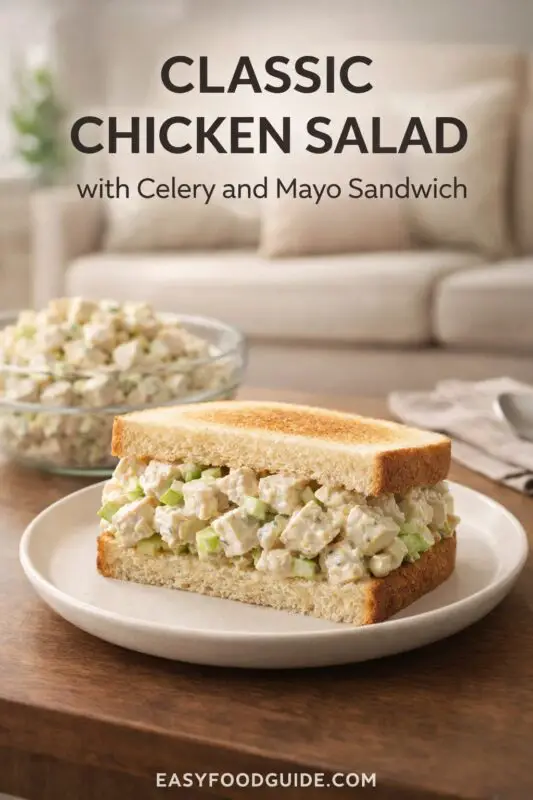 A classic chicken salad sandwich made with celery and mayo, served on toasted white bread. A bowl of the salad is visible in the background on a wooden table. Text reads "CLASSIC CHICKEN SALAD with Celery and Mayo Sandwich," and the website "EASYFOODGUIDE.COM" is at the bottom.
