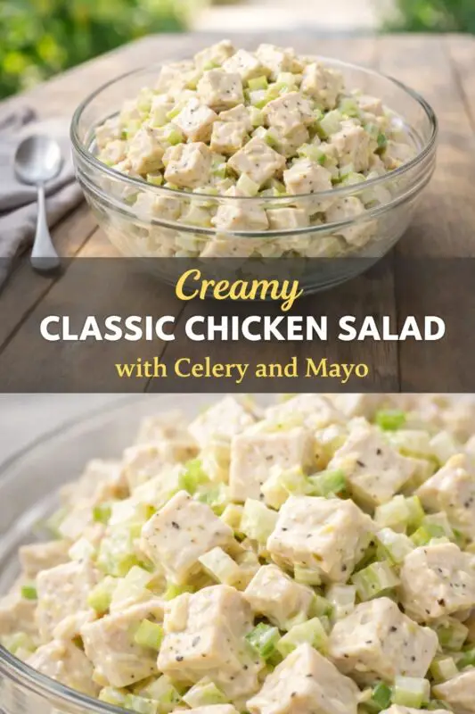 A vertical recipe graphic for Creamy Classic Chicken Salad. The top image shows a glass bowl of the salad with chicken, celery, and mayo on a wooden table outdoors. A banner reads "Creamy CLASSIC CHICKEN SALAD with Celery and Mayo." The bottom is an extreme close-up highlighting the creamy texture and diced ingredients.