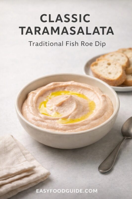 A bowl of classic taramasalata, a traditional fish roe dip, presented with slices of baguette. The creamy pink dip is swirled in a white bowl and drizzled with olive oil on a light-colored surface. Text reads "CLASSIC TARAMASALATA Traditional Fish Roe Dip," and the website "EASYFOODGUIDE.COM" is at the bottom.