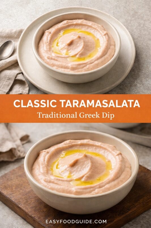 A vertical recipe graphic for Classic Taramasalata. The top and bottom images show the traditional Greek dip in a white bowl, swirled with olive oil and served on a plate or wooden board. A banner reads "CLASSIC TARAMASALATA Traditional Greek Dip."