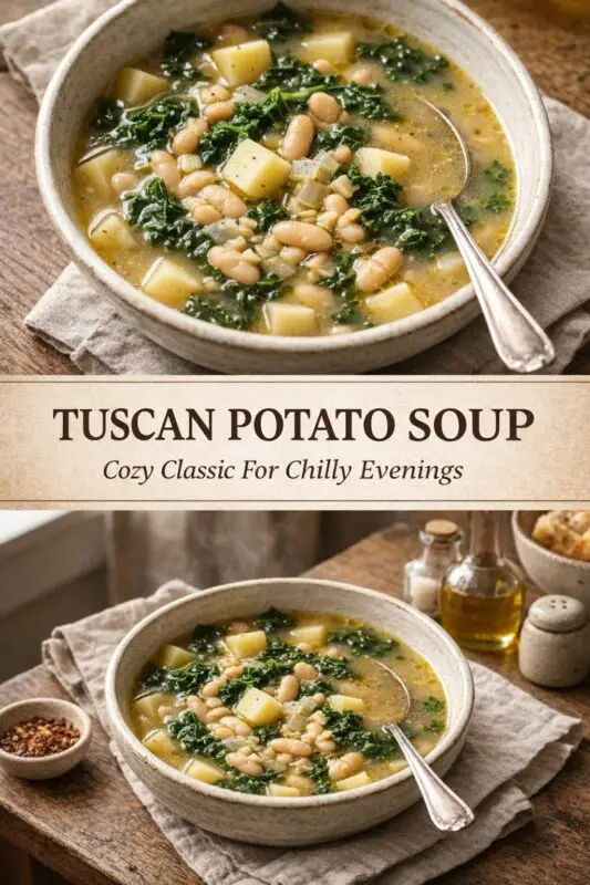 A vertical recipe graphic for Tuscan Potato Soup. The top image is a close-up of the soup with potatoes, beans, and kale in a ceramic bowl. A banner in the middle reads "TUSCAN POTATO SOUP Cozy Classic For Chilly Evenings." The bottom image shows a steaming bowl of the soup on a rustic table with olive oil and red pepper flakes nearby.