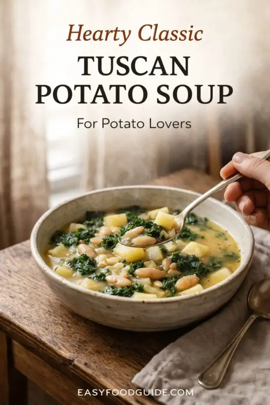 A hand holds a spoon over a steaming bowl of Hearty Classic Tuscan Potato Soup, filled with potatoes, beans, and kale. The scene is set on a wooden table near a window. Text overlay reads "Hearty Classic TUSCAN POTATO SOUP For Potato Lovers," with the website "EASYFOODGUIDE.COM" at the bottom.