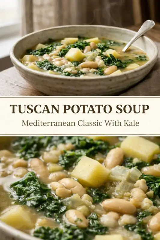 A vertical recipe graphic for Tuscan Potato Soup. The top image shows a bowl of the soup with potatoes, white beans, and kale on a wooden surface. A banner in the center reads "TUSCAN POTATO SOUP Mediterranean Classic With Kale." The bottom is an extreme close-up of the soup's ingredients.