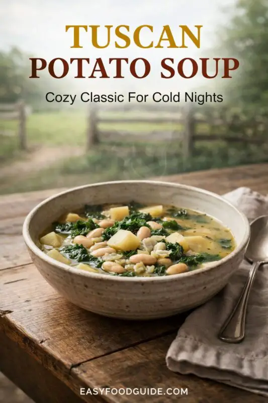 A steaming bowl of Tuscan Potato Soup with potatoes, beans, and kale sits on a rustic wooden table outdoors. A blurred green landscape is visible in the background. Text reads "TUSCAN POTATO SOUP Cozy Classic For Cold Nights," and the website "EASYFOODGUIDE.COM" is at the bottom.