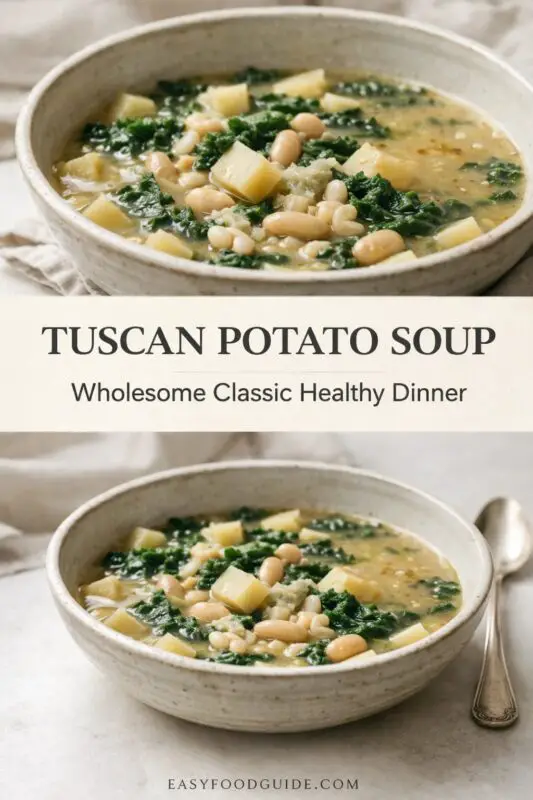 A vertical recipe graphic for Tuscan Potato Soup. The top image is a close-up of the soup with potatoes, beans, and kale in a ceramic bowl. A banner reads "TUSCAN POTATO SOUP Wholesome Classic Healthy Dinner." The bottom shows another angle of the soup with a spoon on a light tablecloth.