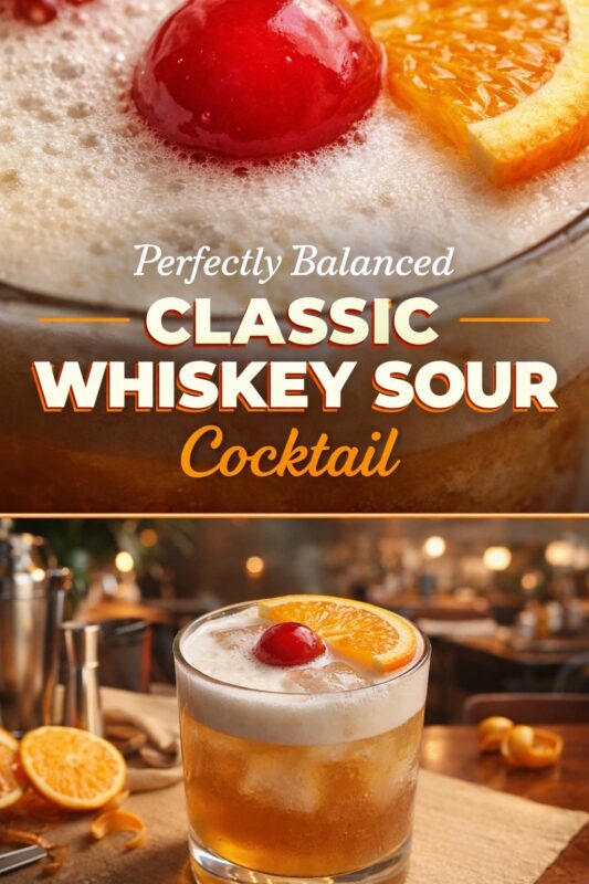 A vertical recipe graphic for a Perfectly Balanced Classic Whiskey Sour Cocktail. The top image is a close-up of the drink's foamy head and garnish, while the bottom shows the full cocktail in a glass at a bar. A banner reads "Perfectly Balanced CLASSIC WHISKEY SOUR Cocktail."