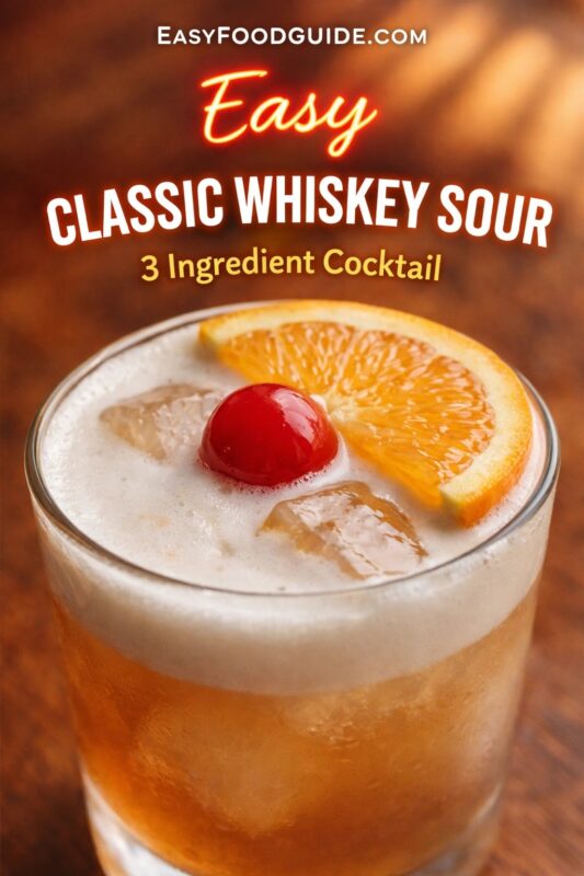 An easy, 3-ingredient classic whiskey sour cocktail, garnished with a cherry and an orange slice. The amber-colored drink is served over ice in a rocks glass. Text reads "Easy CLASSIC WHISKEY SOUR 3 Ingredient Cocktail," and the website "EASYFOODGUIDE.COM" is at the top.