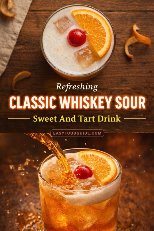 A refreshing classic whiskey sour, described as a sweet and tart drink. The vertical graphic shows an overhead view of the cocktail and another image of it being poured into a glass over ice. Text reads "Refreshing CLASSIC WHISKEY SOUR Sweet And Tart Drink," and the website "EASYFOODGUIDE.COM" is in the center.