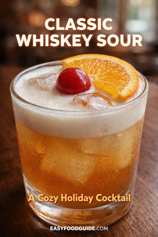 A classic whiskey sour presented as a cozy holiday cocktail. The amber drink is served in a rocks glass with ice, topped with foam and garnished with a maraschino cherry and an orange slice. Text reads "CLASSIC WHISKEY SOUR A Cozy Holiday Cocktail," and the website "EASYFOODGUIDE.COM" is at the bottom.