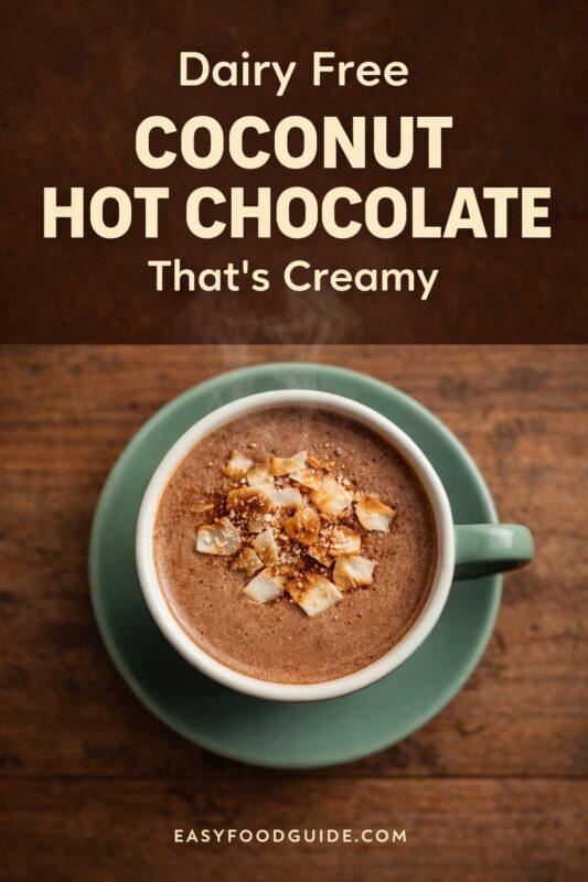 A dairy-free coconut hot chocolate that's creamy, served in a green mug on a saucer. The warm drink is topped with toasted coconut flakes and presented on a rustic wooden surface. Text reads "Dairy Free COCONUT HOT CHOCOLATE That's Creamy," and the website "EASYFOODGUIDE.COM" is at the bottom.