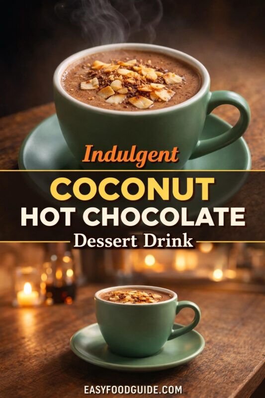 An indulgent coconut hot chocolate dessert drink, served in a green mug on a saucer. The steaming beverage is garnished with toasted coconut and presented in a cozy setting with candles. Text reads "Indulgent COCONUT HOT CHOCOLATE — Dessert Drink —," and the website "EASYFOODGUIDE.COM" is at the bottom.