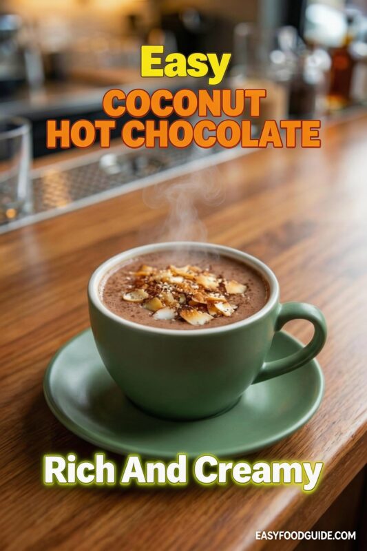 An easy coconut hot chocolate that is rich and creamy, served in a green mug on a wooden bar top. The steaming drink is topped with toasted coconut flakes. Text reads "Easy COCONUT HOT CHOCOLATE Rich And Creamy," and the website "EASYFOODGUIDE.COM" is at the bottom.