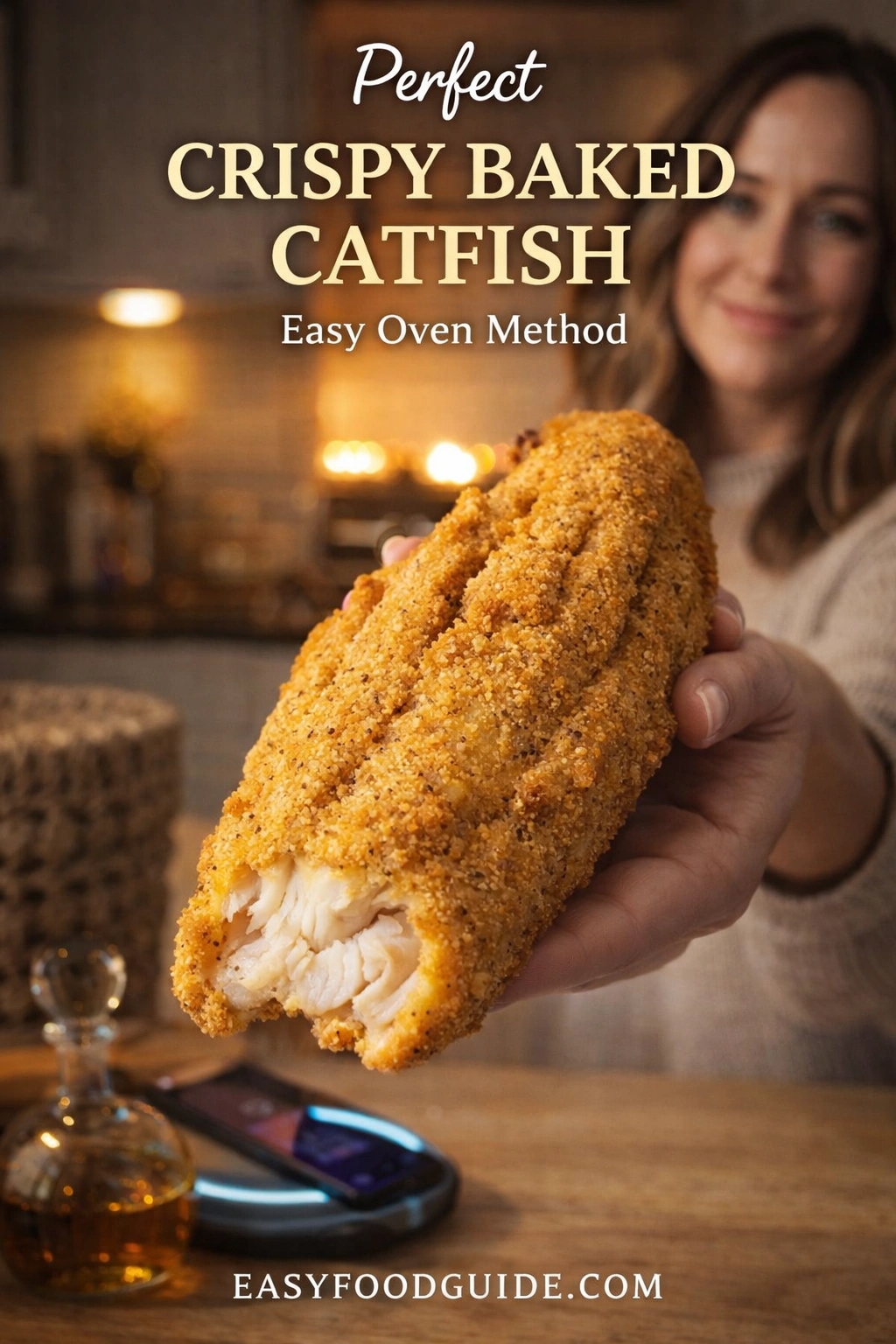 A woman holds up a piece of perfect crispy baked catfish, showcasing its crunchy coating and flaky white interior. The fish is presented using an easy oven method in a warm kitchen setting. Text reads "Perfect CRISPY BAKED CATFISH Easy Oven Method," and the website "EASYFOODGUIDE.COM" is at the bottom.