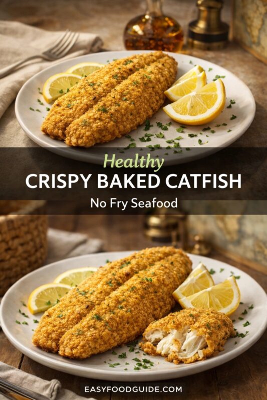 A vertical recipe graphic for Healthy Crispy Baked Catfish. The top and bottom images show the no-fry seafood dish on a plate, garnished with lemon wedges and parsley. A banner reads "Healthy CRISPY BAKED CATFISH No Fry Seafood."