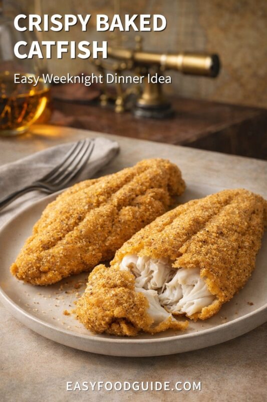 A plate of crispy baked catfish, an easy weeknight dinner idea. The golden-brown fillets are served with one piece broken open to reveal the flaky white meat inside. Text reads "CRISPY BAKED CATFISH Easy Weeknight Dinner Idea," and the website "EASYFOODGUIDE.COM" is at the bottom.