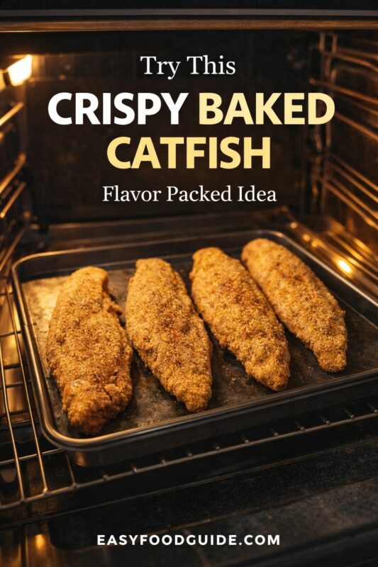 A flavor-packed idea for crispy baked catfish, shown baking on a tray inside an oven. The breaded fillets are cooking to a golden brown under the warm oven light. Text reads "Try This CRISPY BAKED CATFISH Flavor Packed Idea," and the website "EASYFOODGUIDE.COM" is at the bottom.