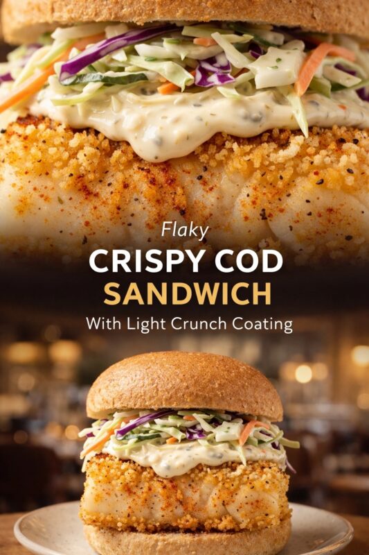 A vertical recipe graphic for a Flaky Crispy Cod Sandwich. The top image is a close-up of the light crunch coating, while the bottom shows the complete sandwich with coleslaw on a plate. A banner reads "Flaky CRISPY COD SANDWICH With Light Crunch Coating."