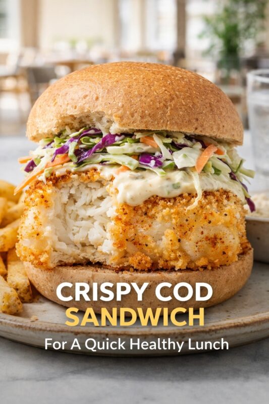 A crispy cod sandwich for a quick healthy lunch, served on a plate with fries. The flaky fish is breaded and topped with coleslaw and sauce in a whole wheat bun. Text reads "CRISPY COD SANDWICH For A Quick Healthy Lunch."