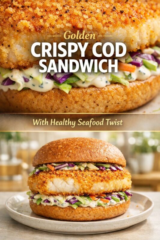 A vertical recipe graphic for a Golden Crispy Cod Sandwich. The top and bottom images show the healthy seafood twist sandwich with coleslaw on a plate, highlighting its golden-brown crust. A banner reads "Golden CRISPY COD SANDWICH With Healthy Seafood Twist."