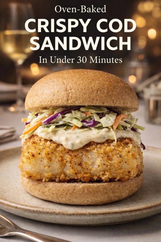 Gemini said
A stacked oven-baked crispy cod sandwich featuring panko-breaded cod, dill tartar sauce, and vibrant coleslaw on a whole wheat bun, resting on a rustic plate against a blurred, warm-toned dining background with wine glasses. At the top of the image is white text reading 'Oven-Baked CRISPY COD SANDWICH In Under 30 Minutes'.