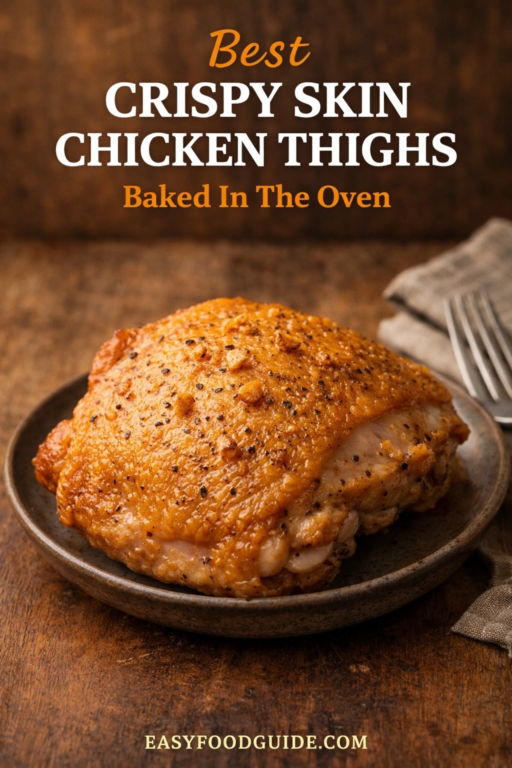 A close-up of a single best crispy skin chicken thigh, baked in the oven until golden brown and seasoned with pepper. It is served on a rustic dark plate next to a fork. Text reads "Best CRISPY SKIN CHICKEN THIGHS Baked In The Oven," with the website "EASYFOODGUIDE.COM" at the bottom.
