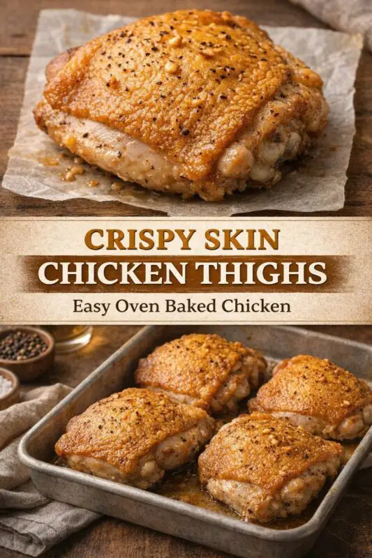 A vertical recipe graphic for Crispy Skin Chicken Thighs. The top image is a close-up of a single baked thigh on parchment paper, showing the golden, textured skin. A banner reads "CRISPY SKIN CHICKEN THIGHS Easy Oven Baked Chicken." The bottom shows four thighs roasted in a metal baking pan.