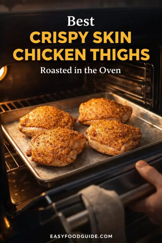 A tray of best crispy skin chicken thighs being placed into a hot oven to roast. The chicken is golden brown and seasoned, with a hand visible holding the oven door. Text reads "Best CRISPY SKIN CHICKEN THIGHS Roasted in the Oven," and the website "EASYFOODGUIDE.COM" is at the bottom.