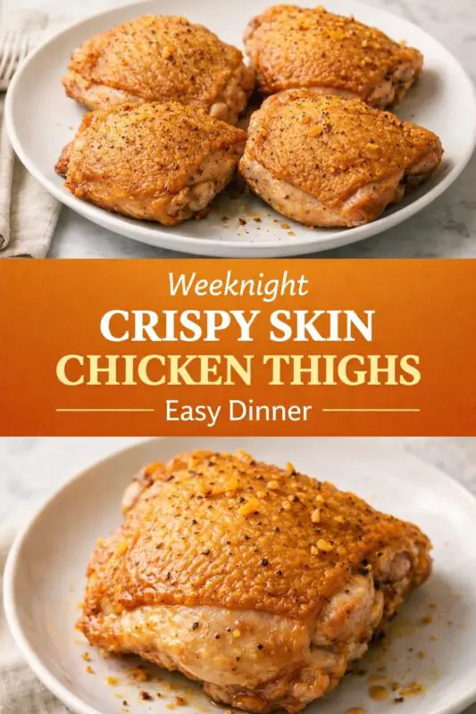 A vertical recipe graphic for Weeknight Crispy Skin Chicken Thighs. The top image shows four golden-brown thighs on a white plate. A banner reads "Weeknight CRISPY SKIN CHICKEN THIGHS Easy Dinner." The bottom is a close-up of a single thigh, highlighting the crunchy skin.